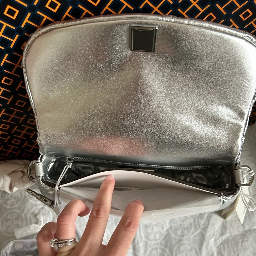 Tory Burch Britten Metallic Puffy Convertible Crossbody Bag Silver